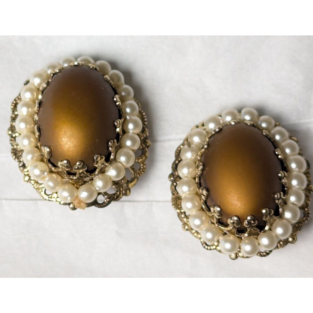 Bronze Stone Clip Earrings VTG SIGNED HONG KONG CLIP ON pearl trim filigree oval